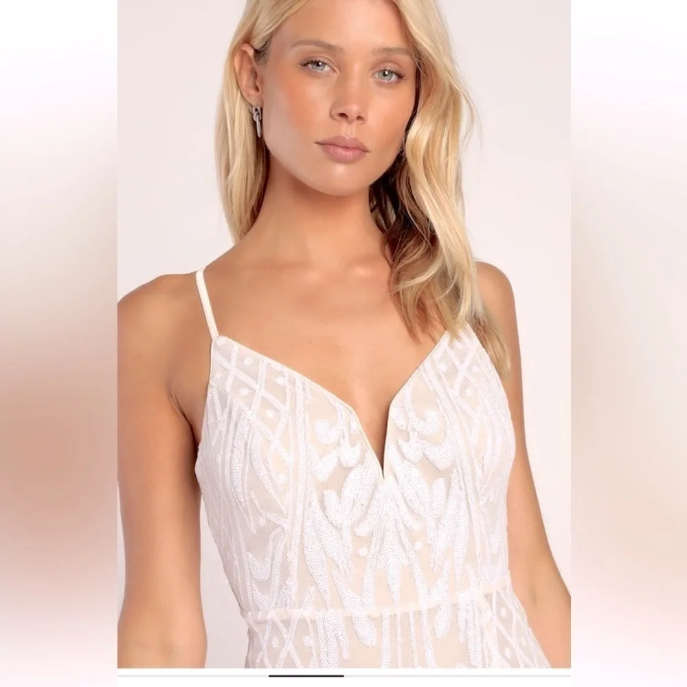 Lulus-NWT size XL/size 14 “Yours To Keep” Beige/White Sequin Mini Dress Back zip - Picture 8 of 17